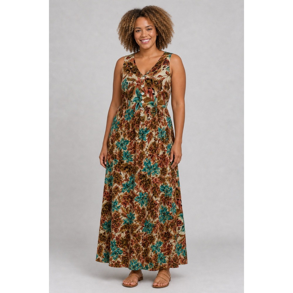 Dressbarn Vintage Floral Button Front Maxi Dress Womens 6 Brown Island Travel